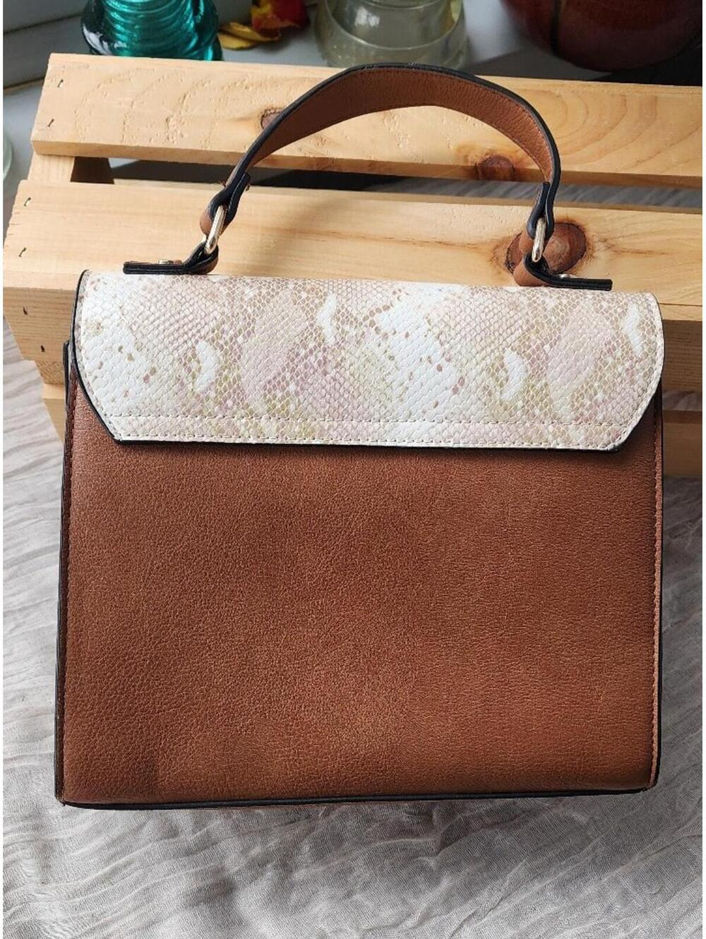 Dune London Colorblock Satchel Top Handle Bag Snakeskin Flap Brown White - Picture 4 of 11